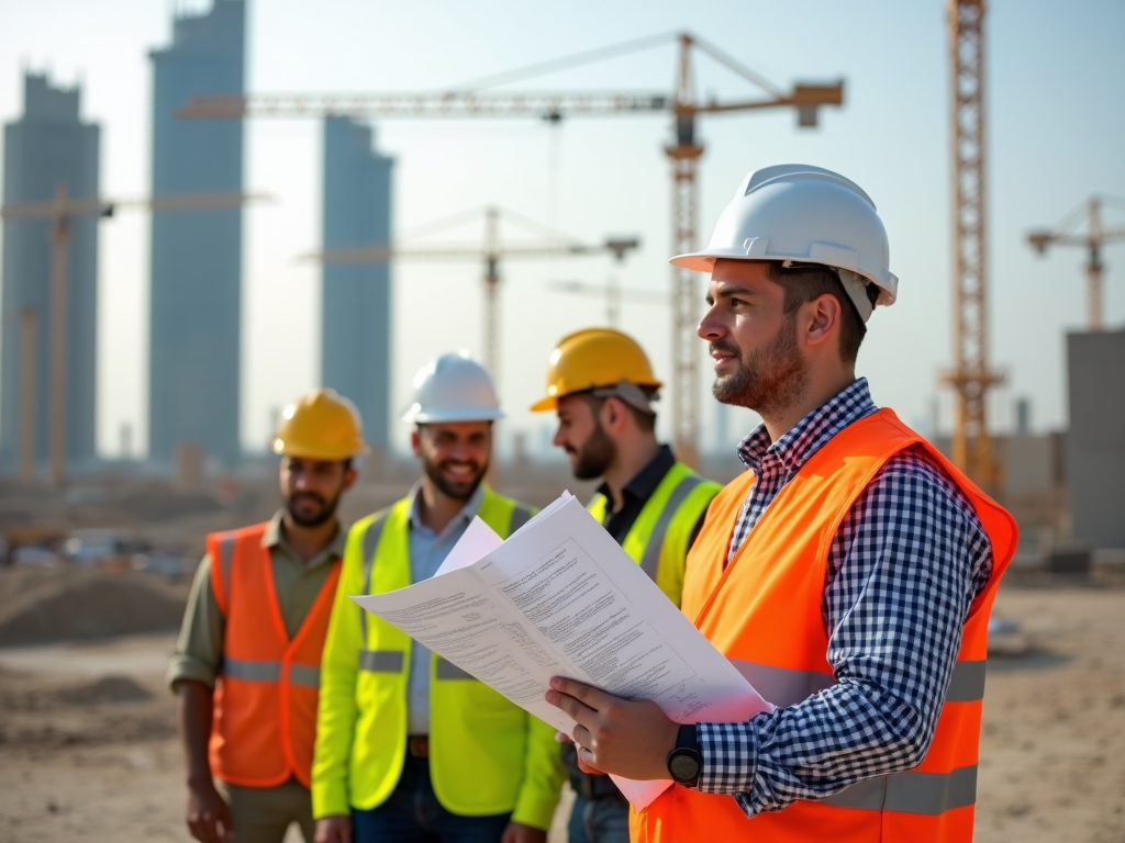 Four construction workers with helmets and high-visibility vests at a building site, reviewing plans.