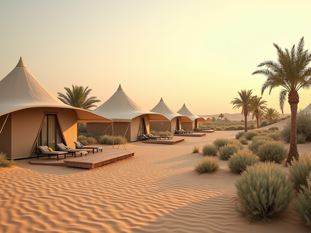 Luxury desert camp with tents and palm trees at sunset.