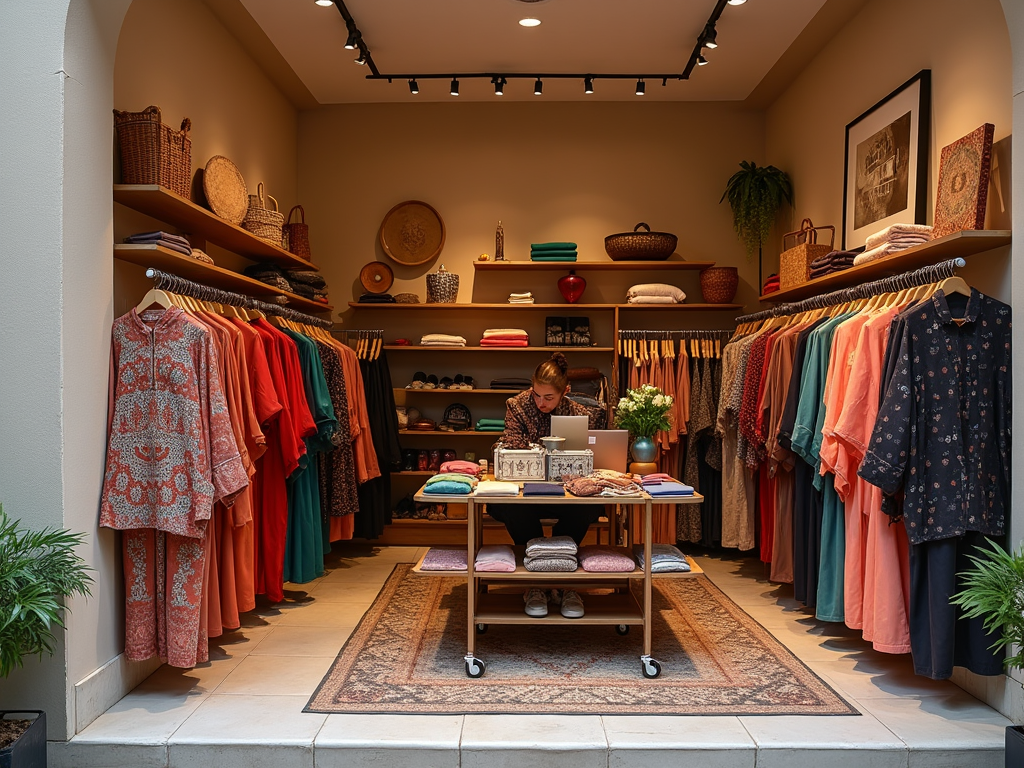 Woman works on laptop in a cozy boutique with colorful clothes and ethnic decor.