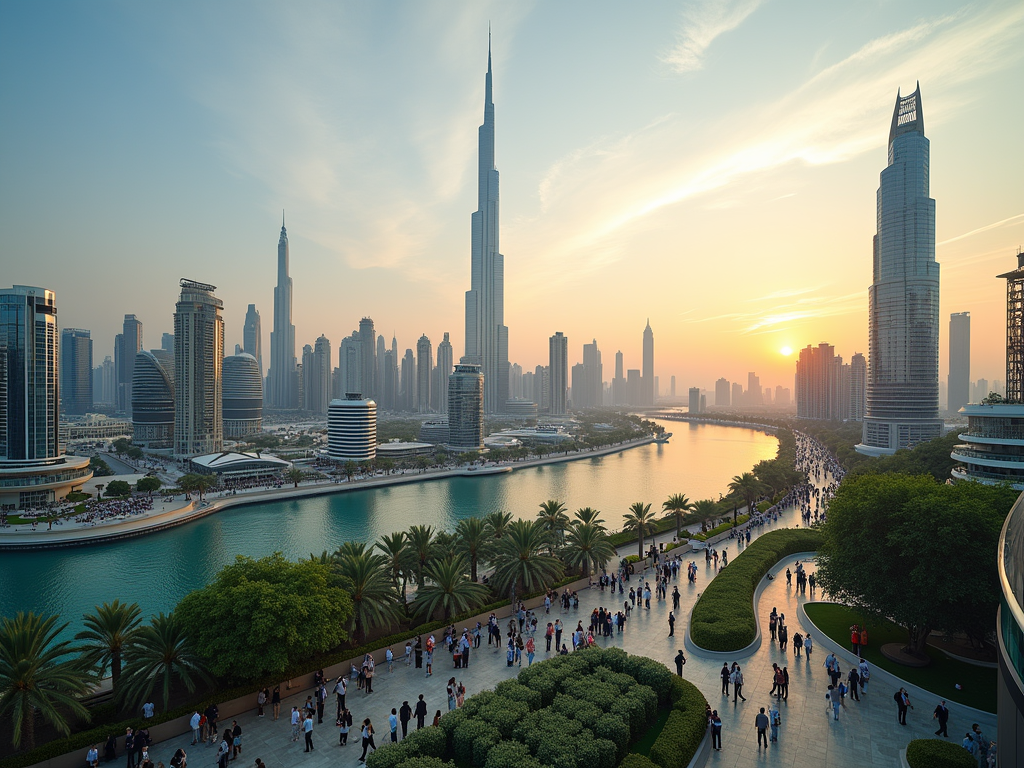 Sunset view of a bustling waterfront promenade and modern skyline with towering skyscrapers.