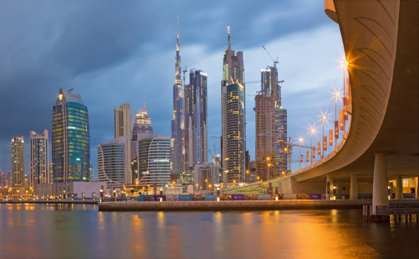 Dubai skyline at dusk with modern skyscrapers and a bridge, showcasing urban landscape pertinent to UAE entry rules.