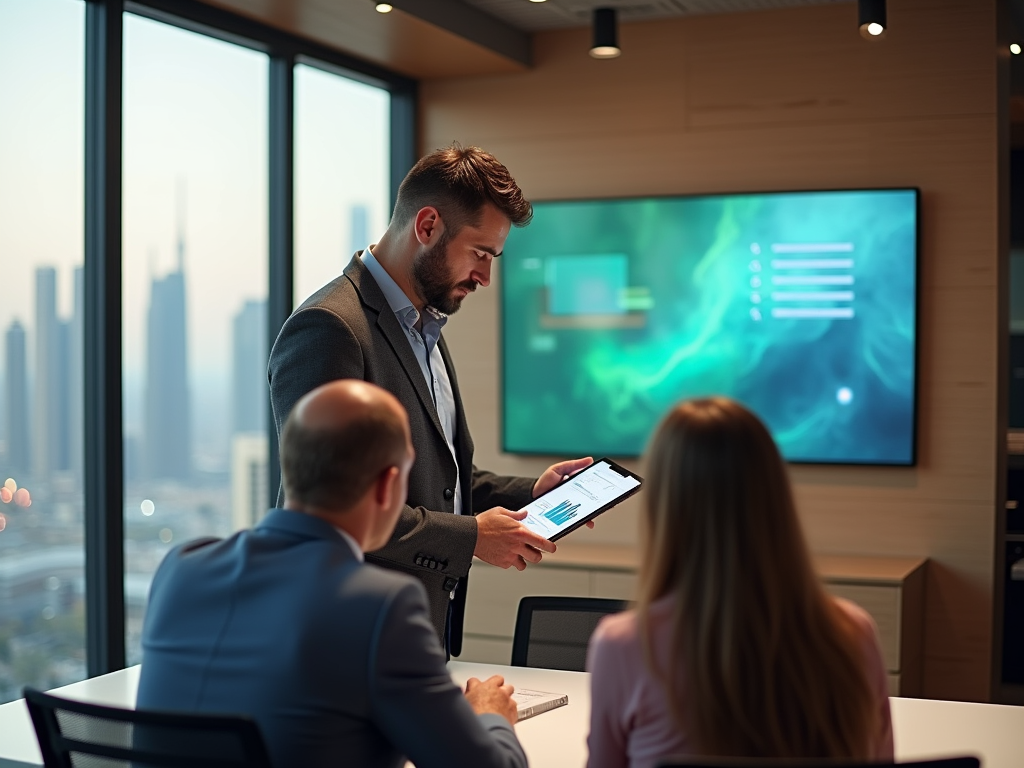 Business meeting with a man showing a tablet to colleagues in a high-rise office.