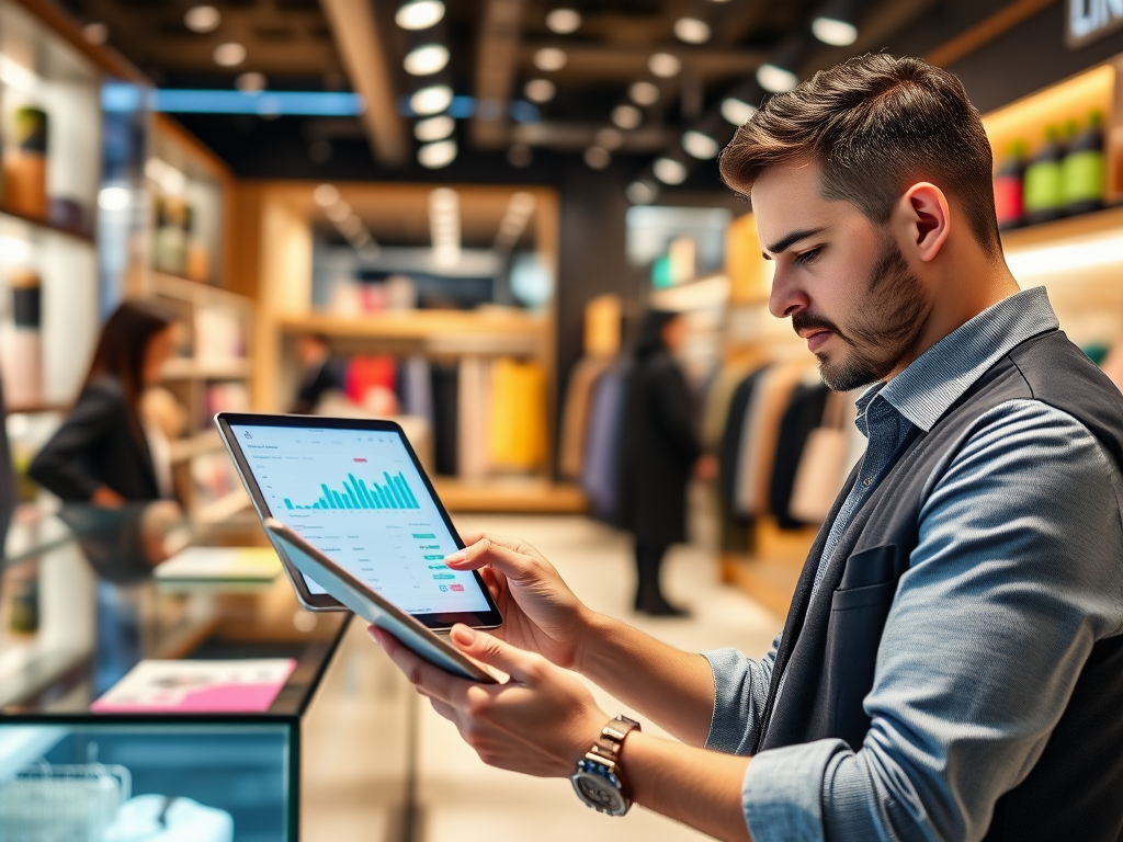 A man in a retail store examines data on a tablet, focused on charts, with blurred clothing displays in the background.