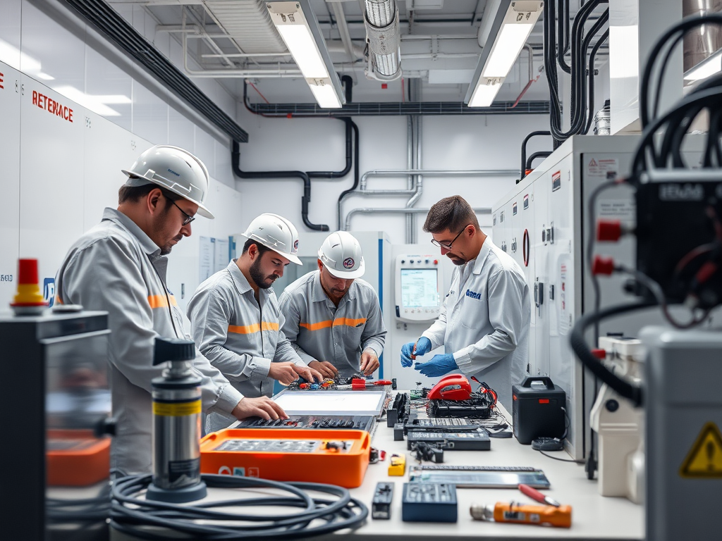 Four engineers in safety gear collaborate on electronic equipment in a high-tech lab. Tools and devices are spread out.