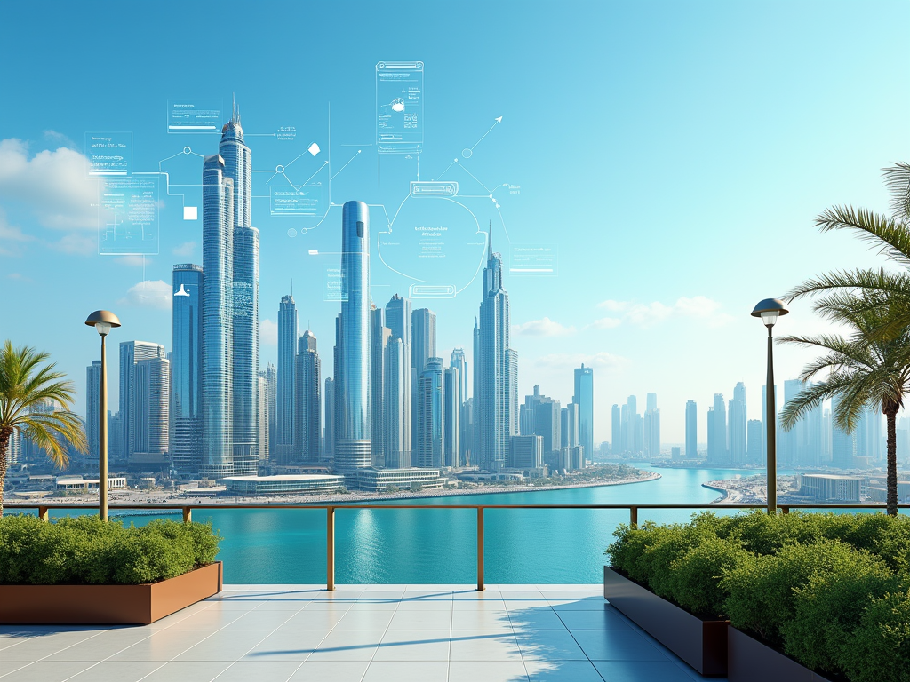 Skyline of modern skyscrapers with futuristic digital overlays, seen from a terrace with palm trees and a clear sky.