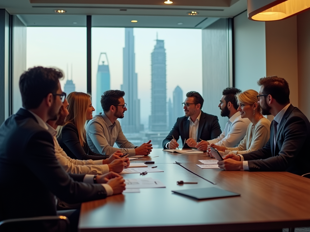 Business professionals in discussion at a boardroom table with city skyline in background.