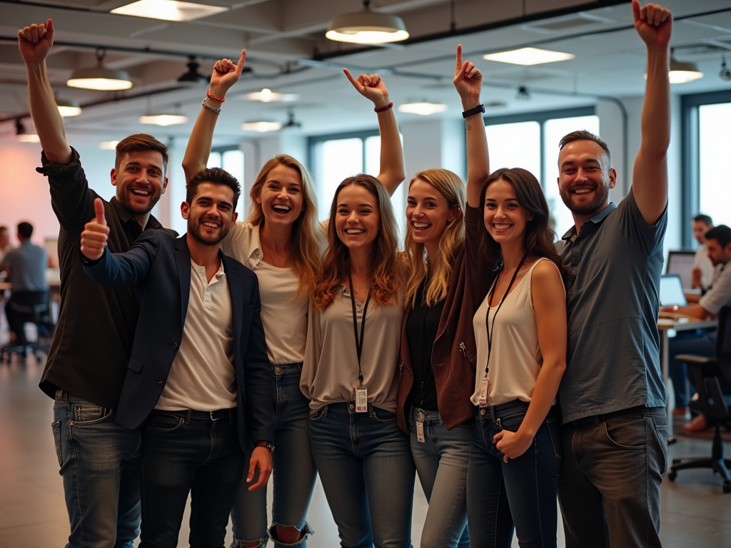 Group of seven cheerful office workers posing with thumbs up and hands raised, in a modern office.