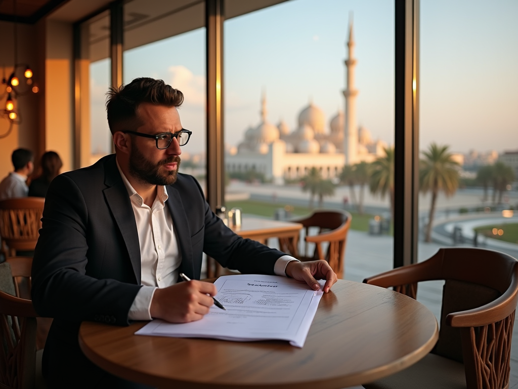 Businessman reviewing documents in a cafe with a view of a mosque at sunset.