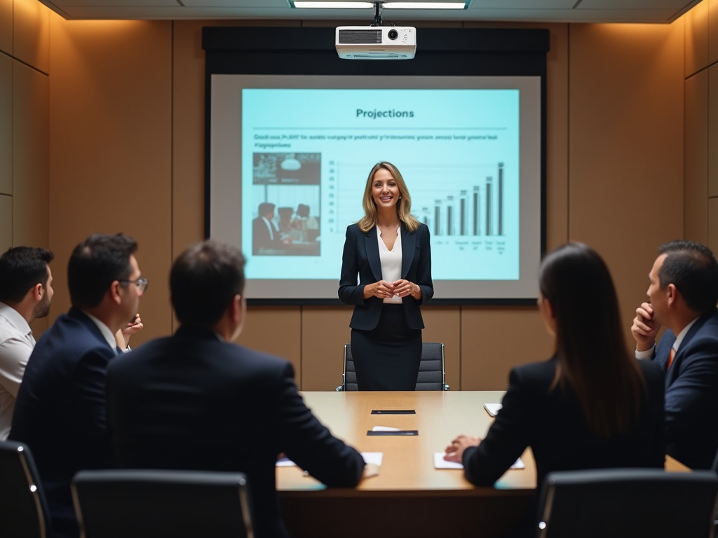 Businesswoman presenting a growth projection chart to colleagues in a meeting room.