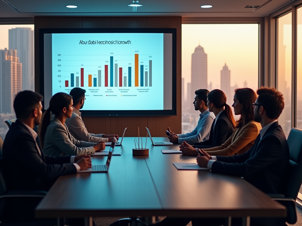 Business professionals in a meeting room discussing a data chart displayed on the screen with a cityscape background.