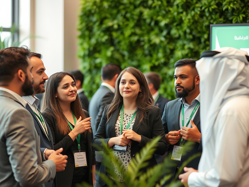 A group of professionals engage in discussion at a conference, surrounded by greenery and a modern setting.