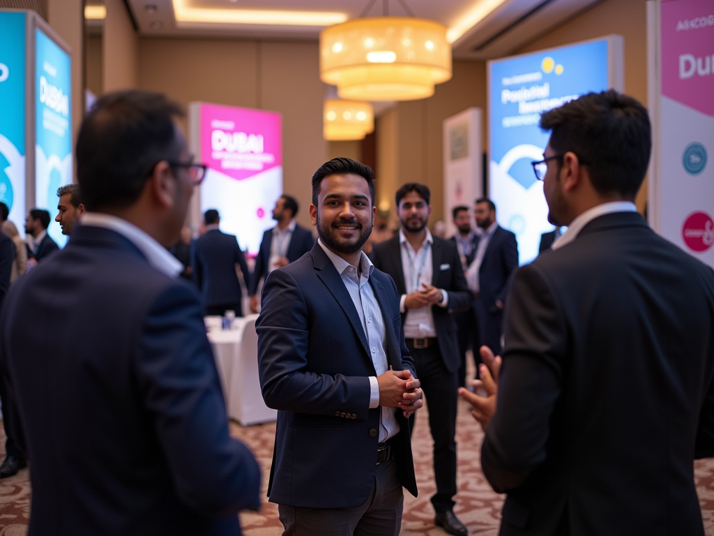 Businessman smiling and networking at a professional conference event.