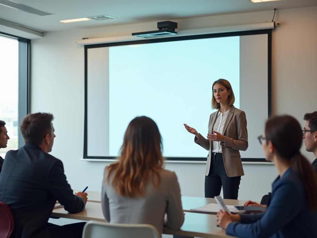 Woman presenting to colleagues in a meeting room with a blank projection screen.