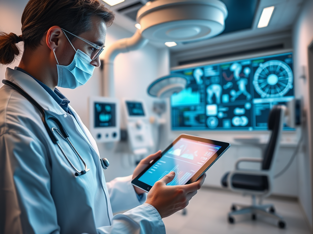 A doctor in a mask reviews medical data on a tablet in a modern examination room with digital displays.