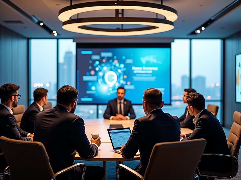 Business presentation in a modern office boardroom with a speaker and attentive audience.