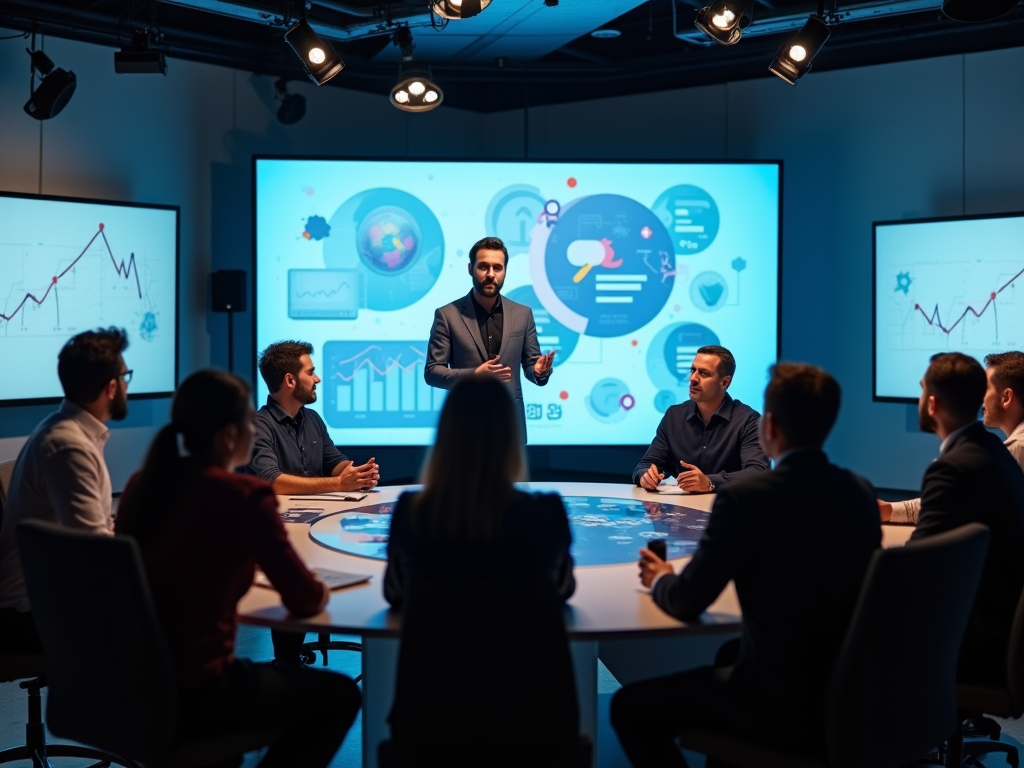 Businessman presents to colleagues in a boardroom with digital screens displaying data graphs.