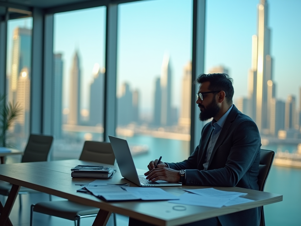 Man in suit works at laptop in modern office with city skyline view through large windows.