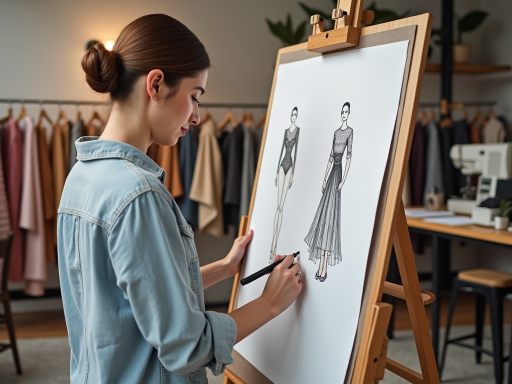 Woman in denim shirt sketches fashion designs on an easel in a studio.