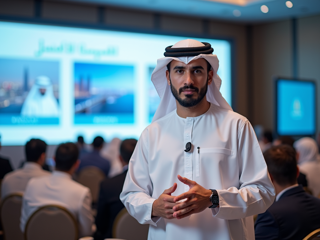 Man in traditional attire presenting at a conference with audience and slides in background.