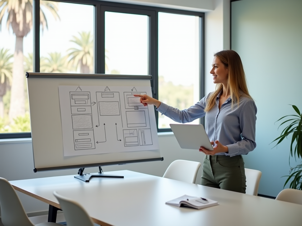 Woman presenting flowcharts on a whiteboard in a modern office, holding a laptop.