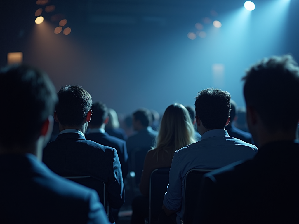 Audience members viewed from behind, listening intently in a dimly lit conference room.