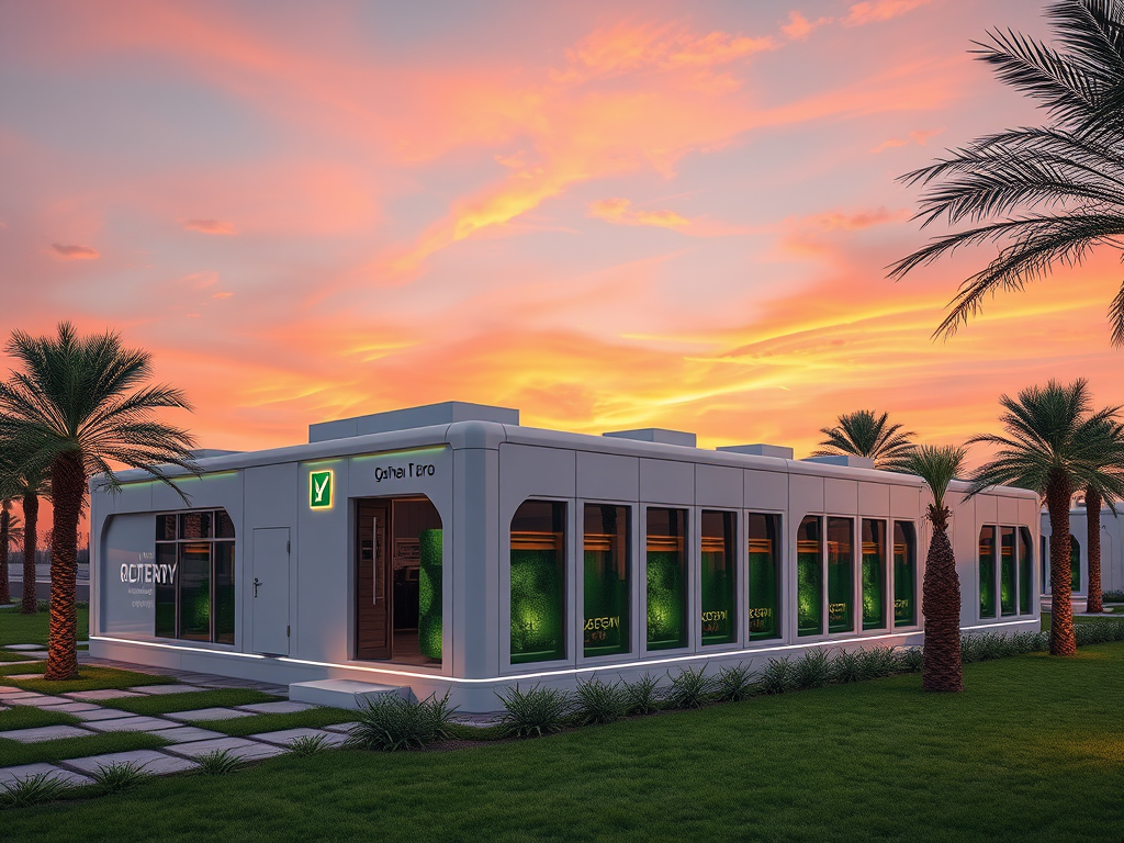 A modern building with large windows and palm trees, set against a vibrant sunset sky.