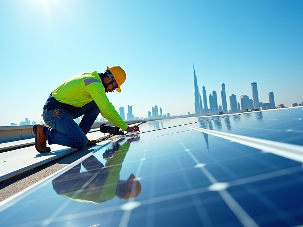 Man in a yellow helmet installing solar panels on a rooftop with a city skyline in the background.