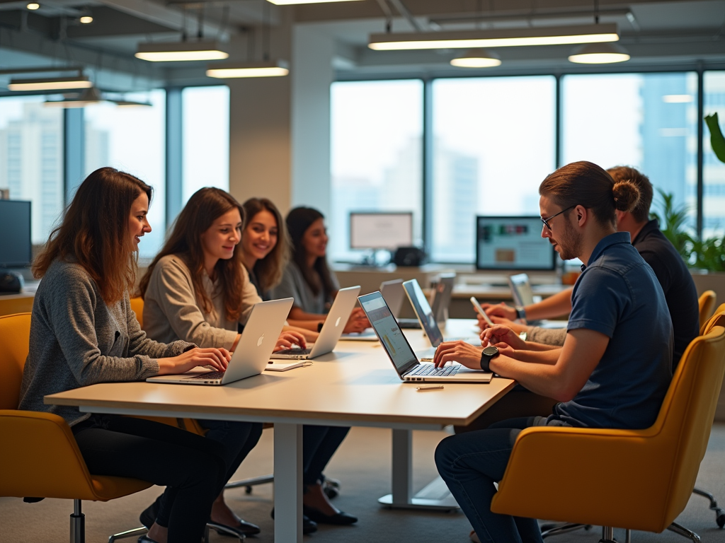 Group of professionals working on laptops in a modern office space.