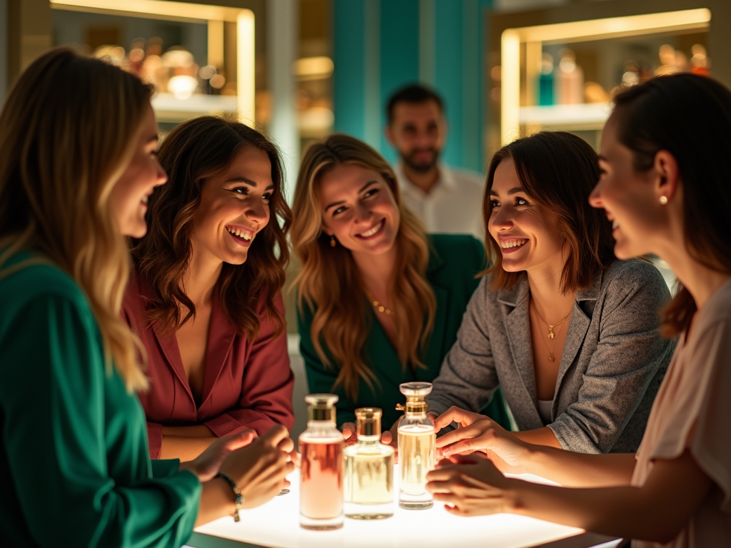 Group of women smiling and talking around a table with perfume bottles, warm ambient lighting.