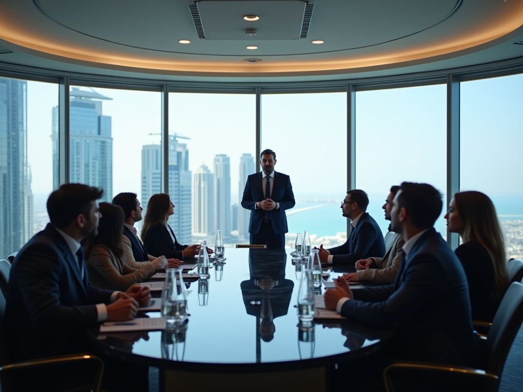 Business meeting in a high-rise office overlooking a cityscape, with a man presenting to a group.