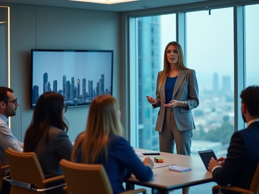 Businesswoman presenting to colleagues in a modern office with cityscape backdrop.