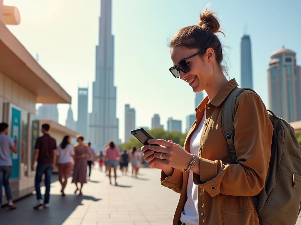 Smiling woman in sunglasses using phone on a sunny city street with skyscrapers.