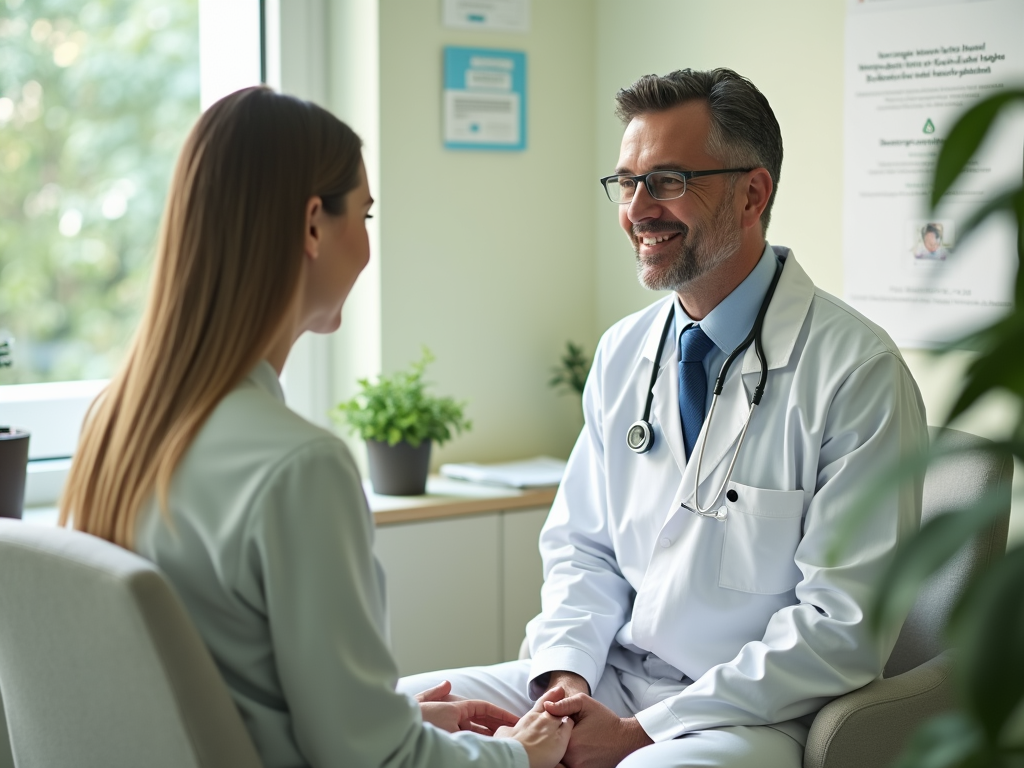 Male doctor in white coat holding hands with female patient in office.