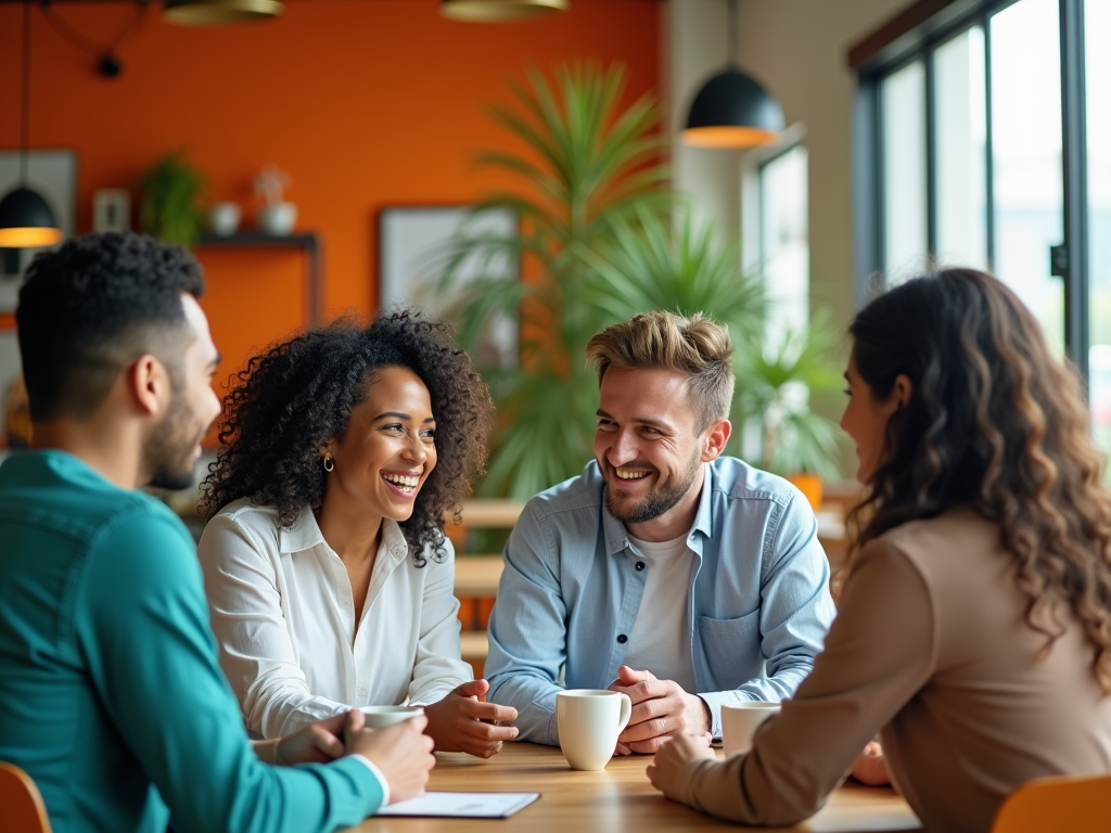 Four colleagues laughing and conversing at a cafe table.