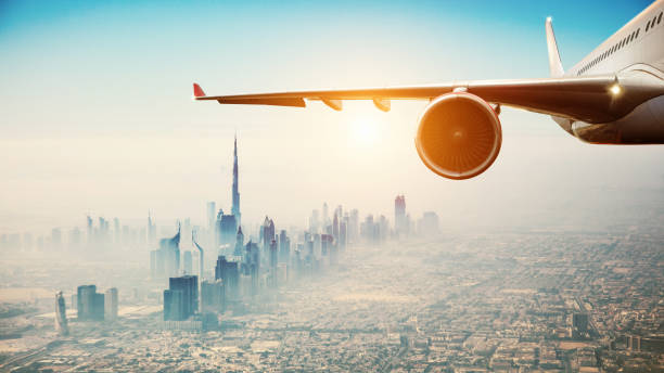 Airplane flying over Dubai skyline, emphasizing import restrictions into the UAE.