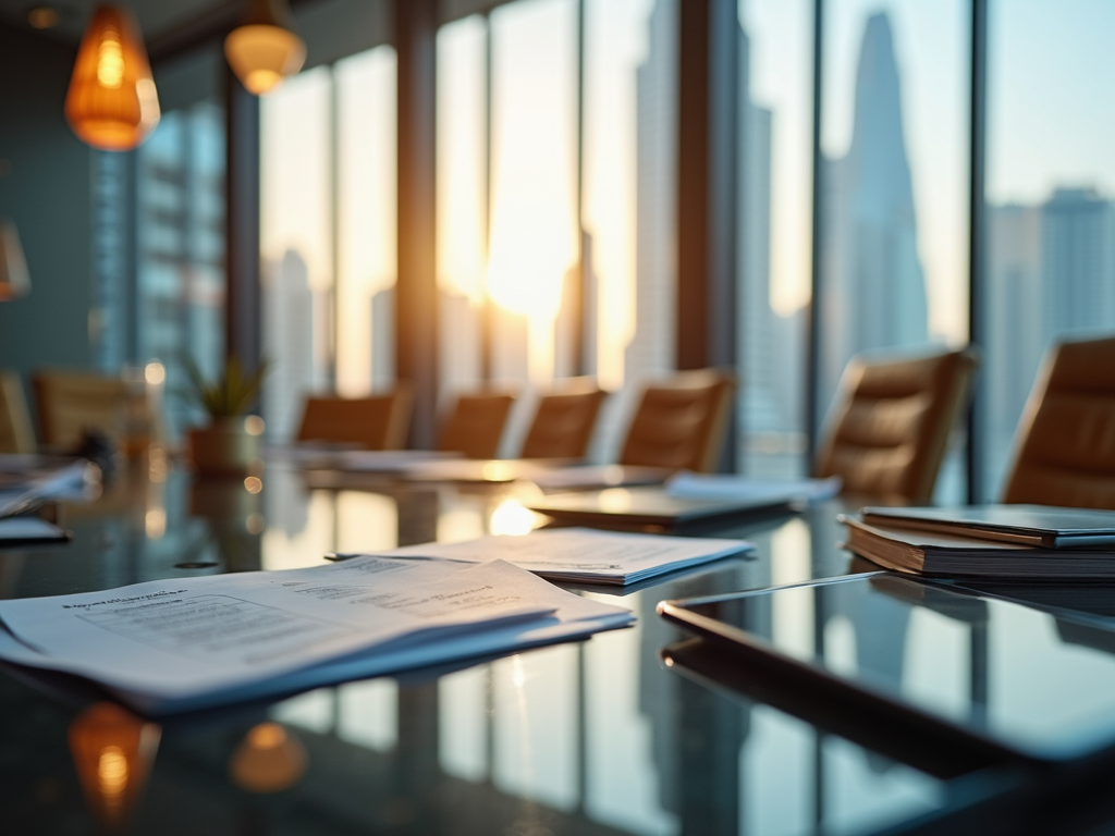 Sunset view through a high-rise office window with documents on the table.