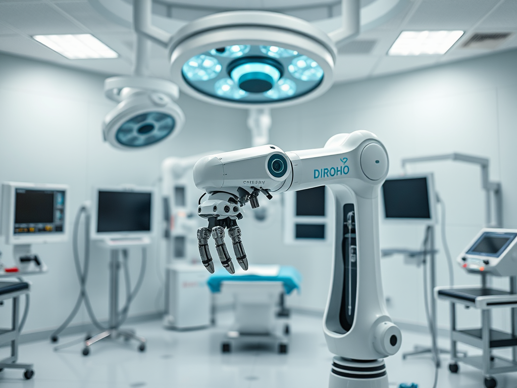 A robotic arm with intricate fingers is positioned in a modern surgical room equipped with high-tech monitors.