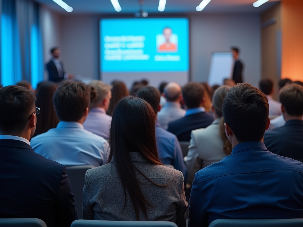 Audience attentively watching a speaker at a business conference, presentation screen visible.