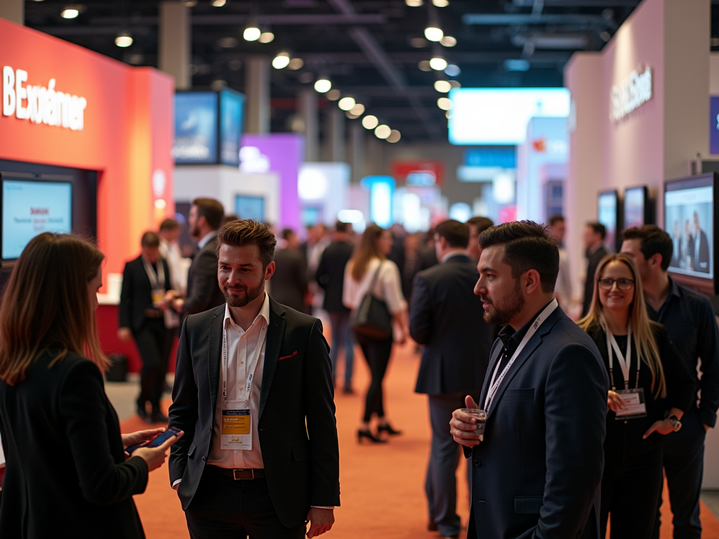 Professionals engaging in lively discussions at a crowded business expo with vibrant booths and banners.