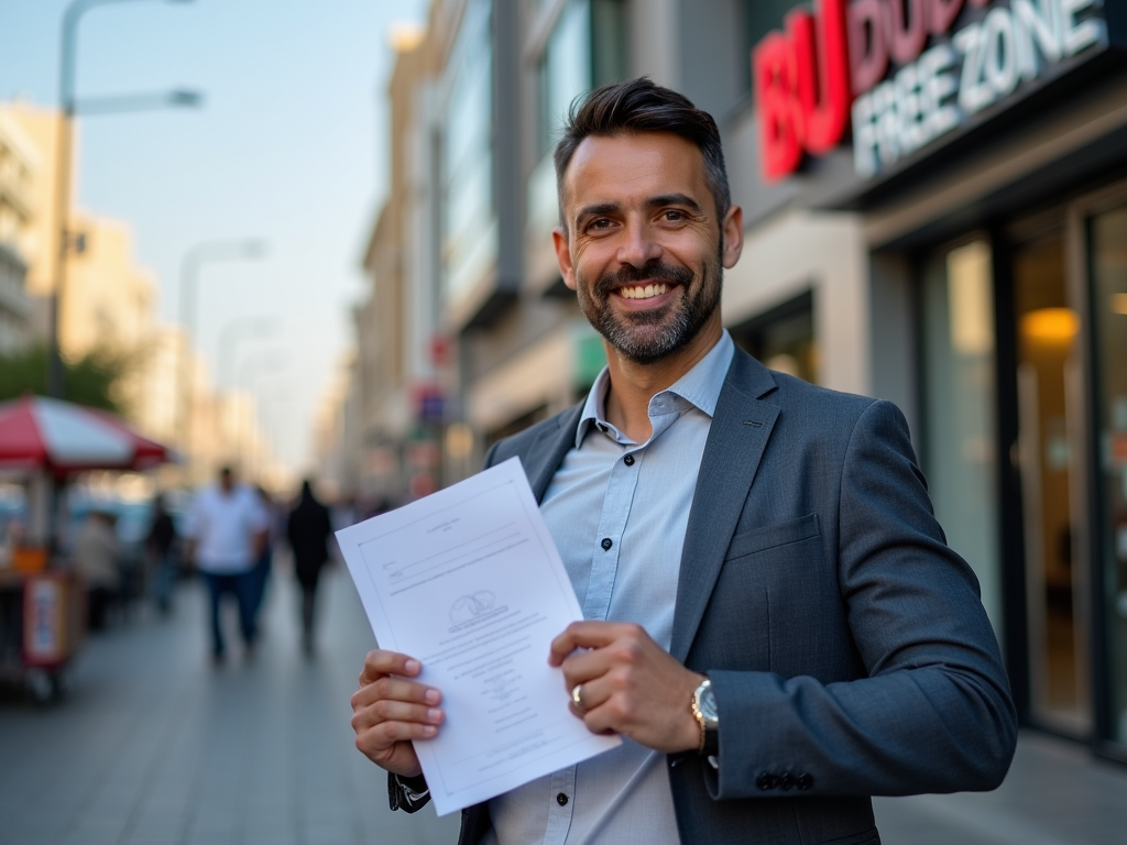 Smiling man in a suit holding a document on a busy city street.