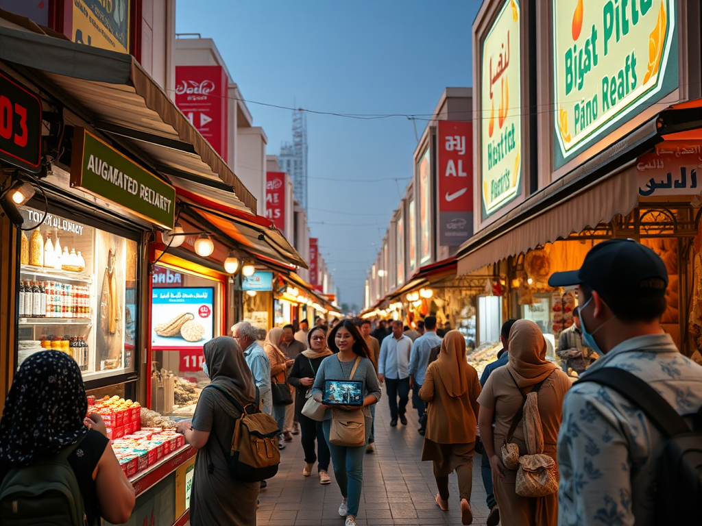 A bustling market street lined with shops, people browsing goods under warm evening lights.