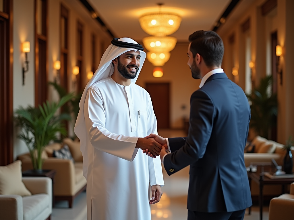 Two men shaking hands in an elegant hallway, one in traditional Emirati attire and the other in a suit.