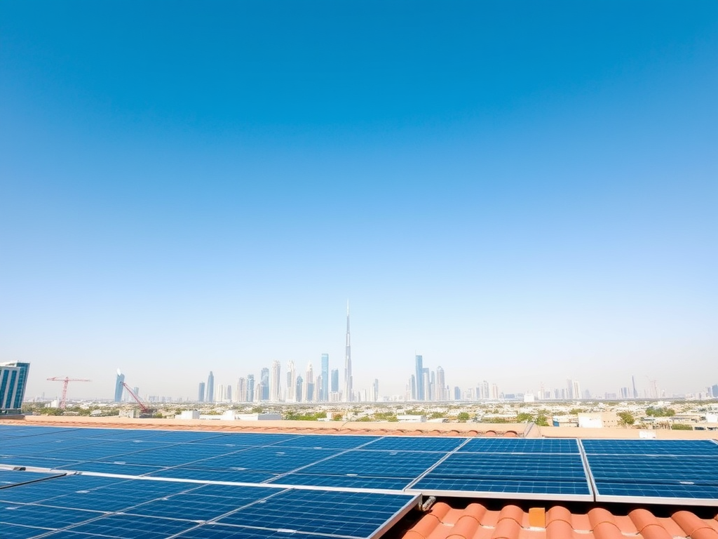 A rooftop view featuring solar panels with a clear blue sky and a skyline of modern buildings in the background.