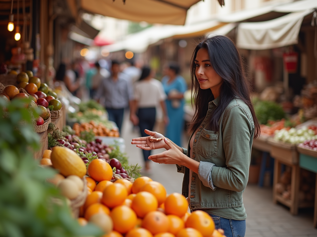 Woman selecting oranges at a bustling outdoor market.