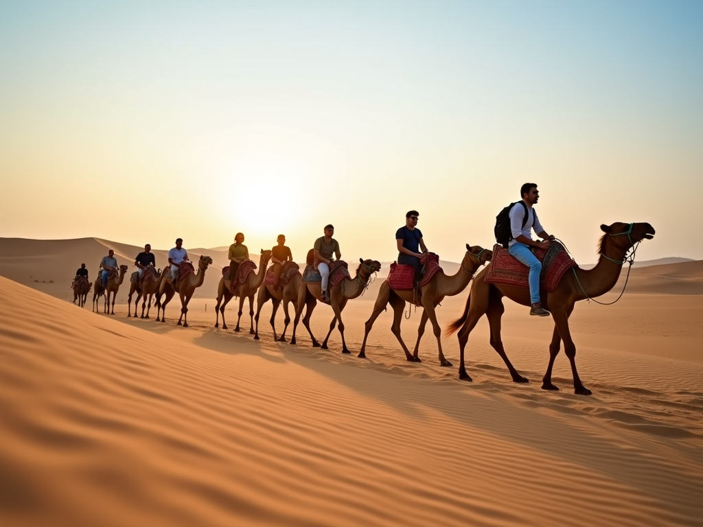 Group of people riding camels in the desert at sunset.