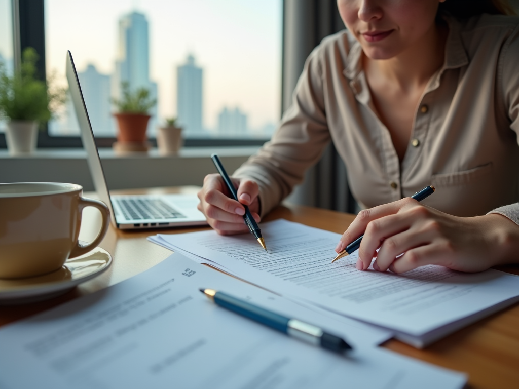 Woman working at desk with laptop, pen in hand, signing documents, coffee cup nearby, cityscape in background.