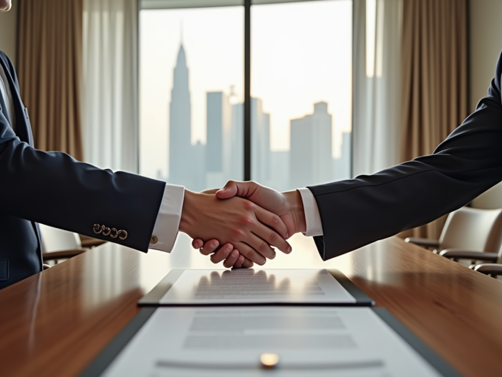 Two business professionals shaking hands over a table in a room with a city view.