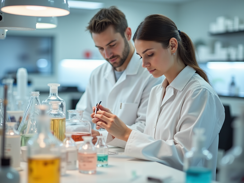 Two scientists in lab coats working with chemicals in a laboratory setting.